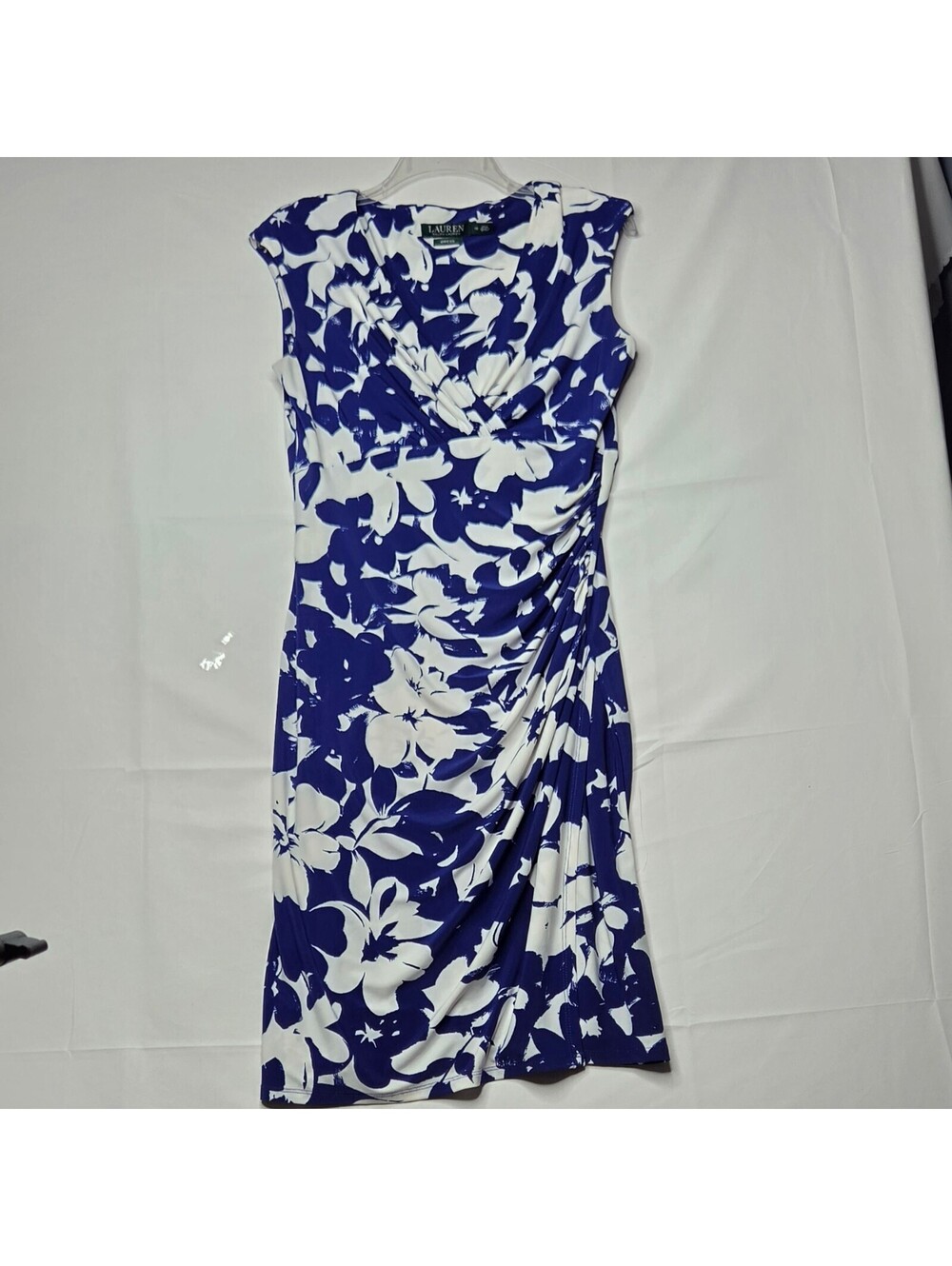 Lauren Ralph Lauren Blue White Floral Ruched Faux Wrap Sheath Dress 10